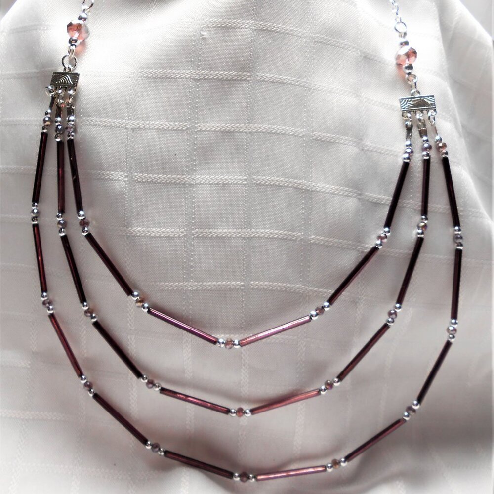 No570 Magnificent handmade necklace with rows of glass tubes, crystals and beads